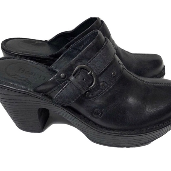 Born Shoes - Born Leather Black Clogs with Silver Buckle and Studs. Size 9.